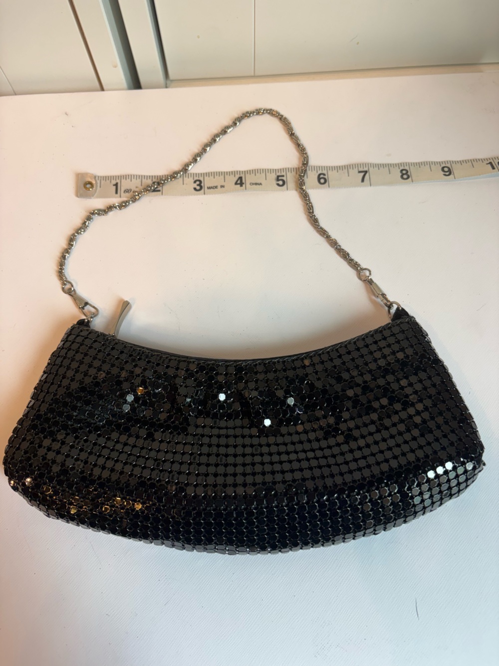Black Sequin Evening Clutch with Silver Chain